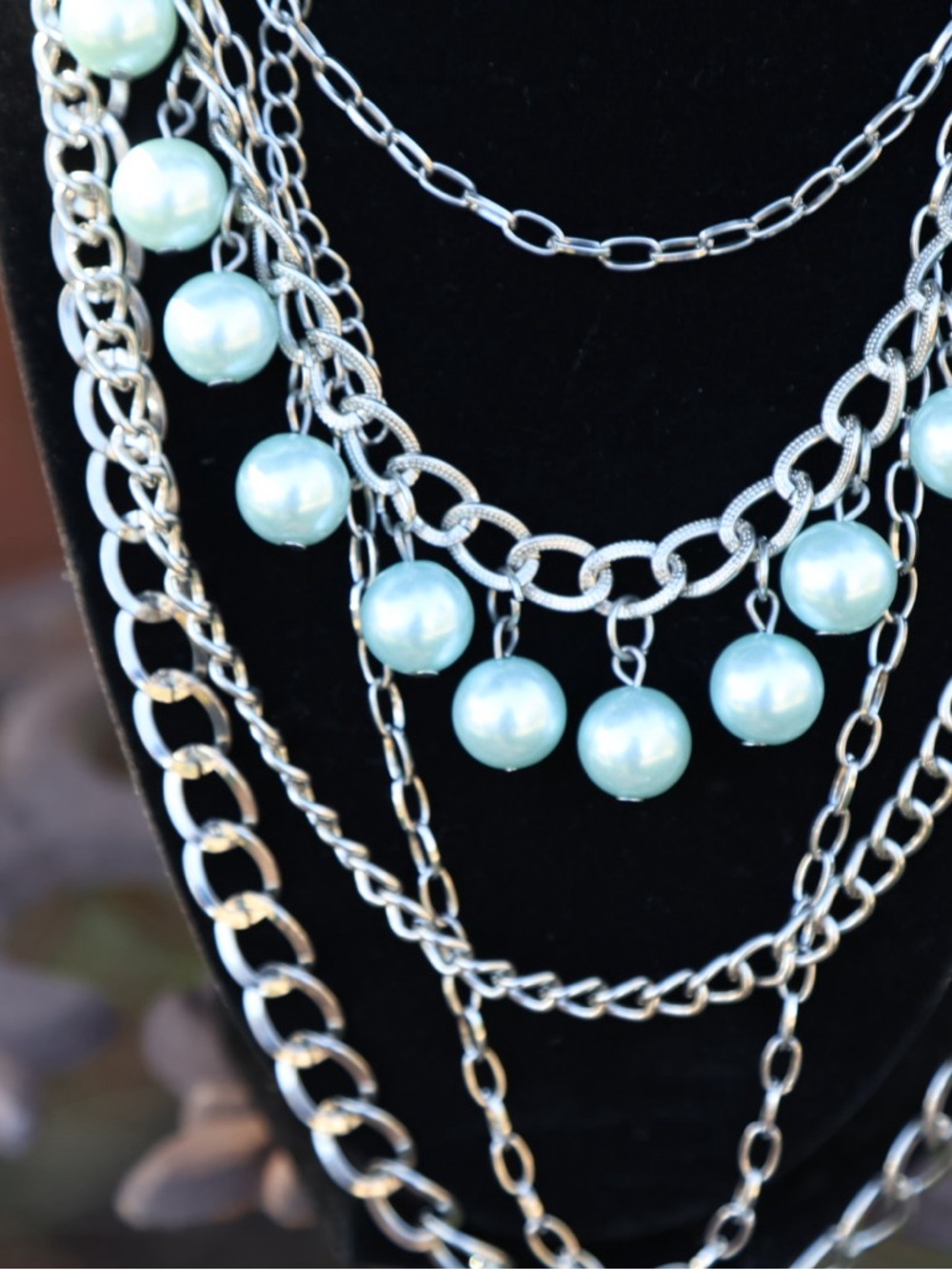 Multi-Strand Silver Necklace with Light Blue Pearl Drops